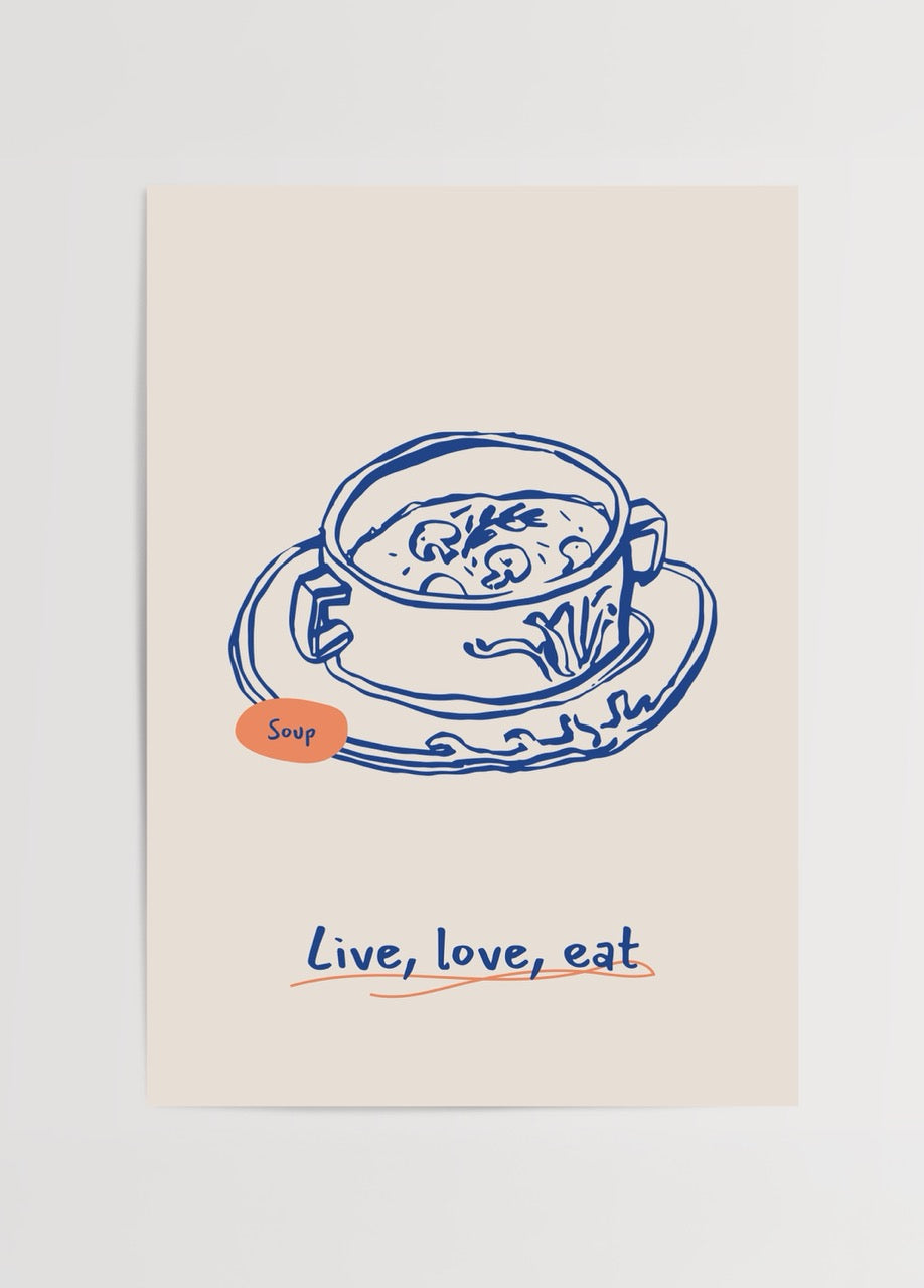 Whimsical soup illustration art print, featuring a bowl of soup with &