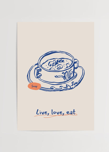 Whimsical soup illustration art print, featuring a bowl of soup with &
