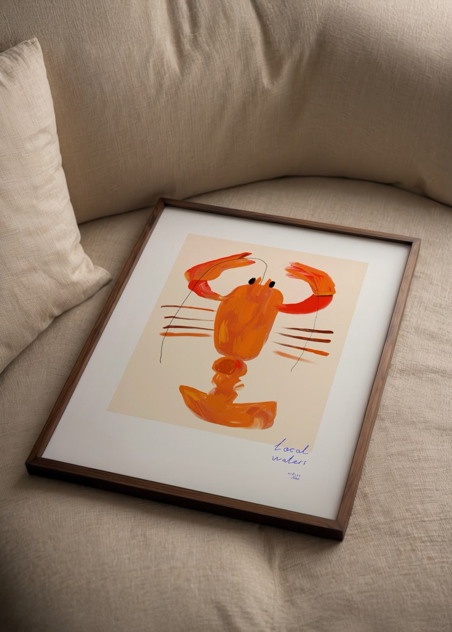 Vibrant lobster artwork in orange tones on a beige background.