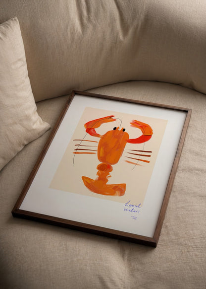 Vibrant lobster artwork in orange tones on a beige background.