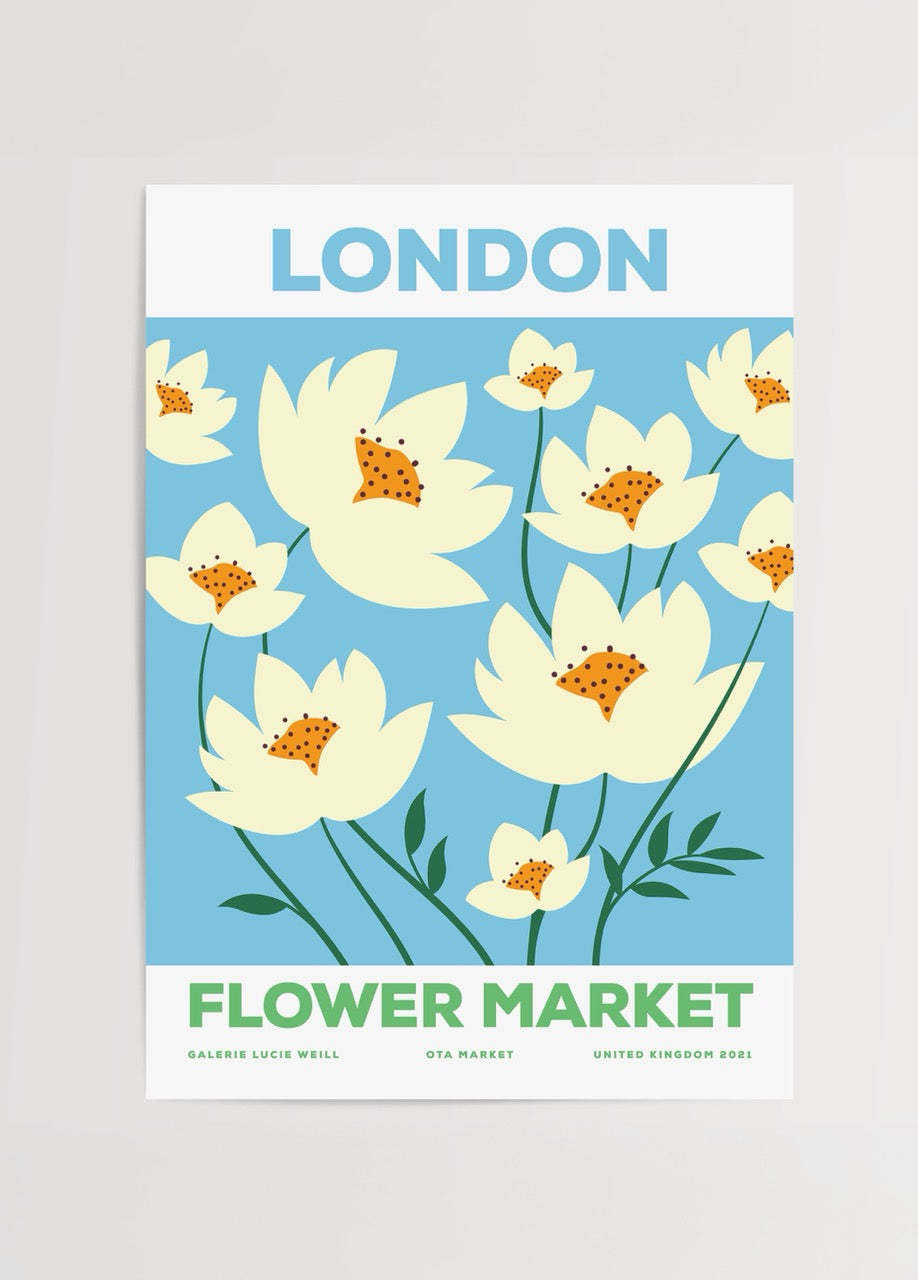 Vibrant floral print of blossoms in blue background, London theme.