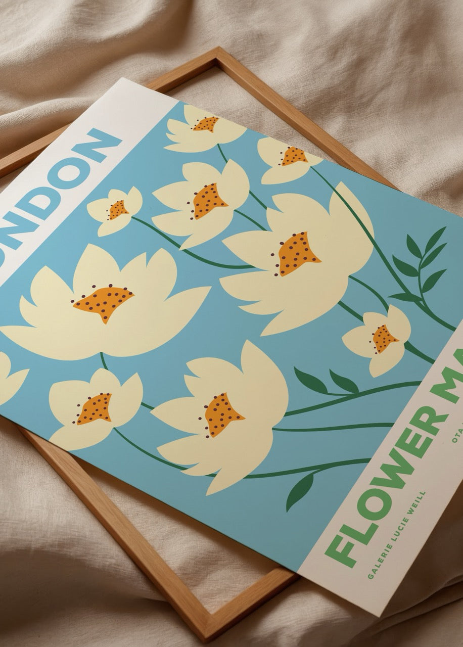 Vibrant floral print of blossoms in blue background, London theme.