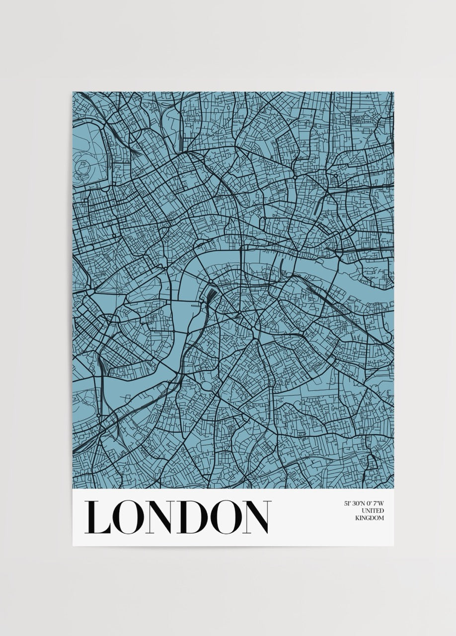 Stylish London cityscape map art print in blue tones.