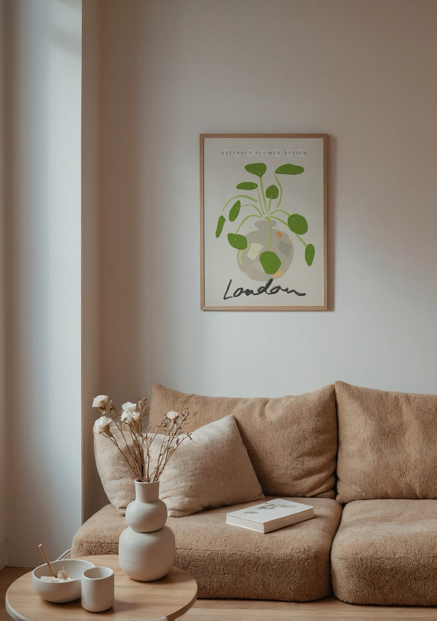 Minimalist abstract art print featuring a green plant in a pot, ideal for modern wall decor.