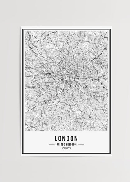Detailed black and white map of London, ideal for wall art.
