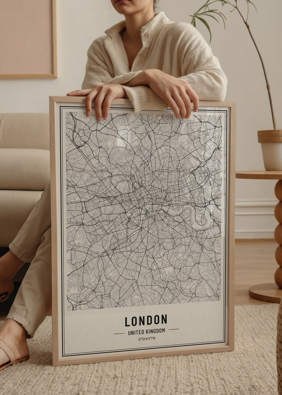 Detailed black and white map of London, ideal for wall art.