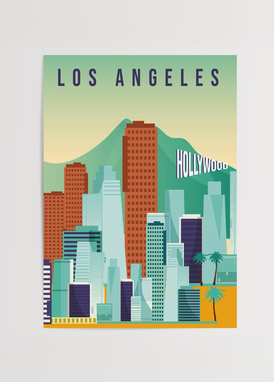 Vibrant Los Angeles skyline print featuring modern buildings and hills.