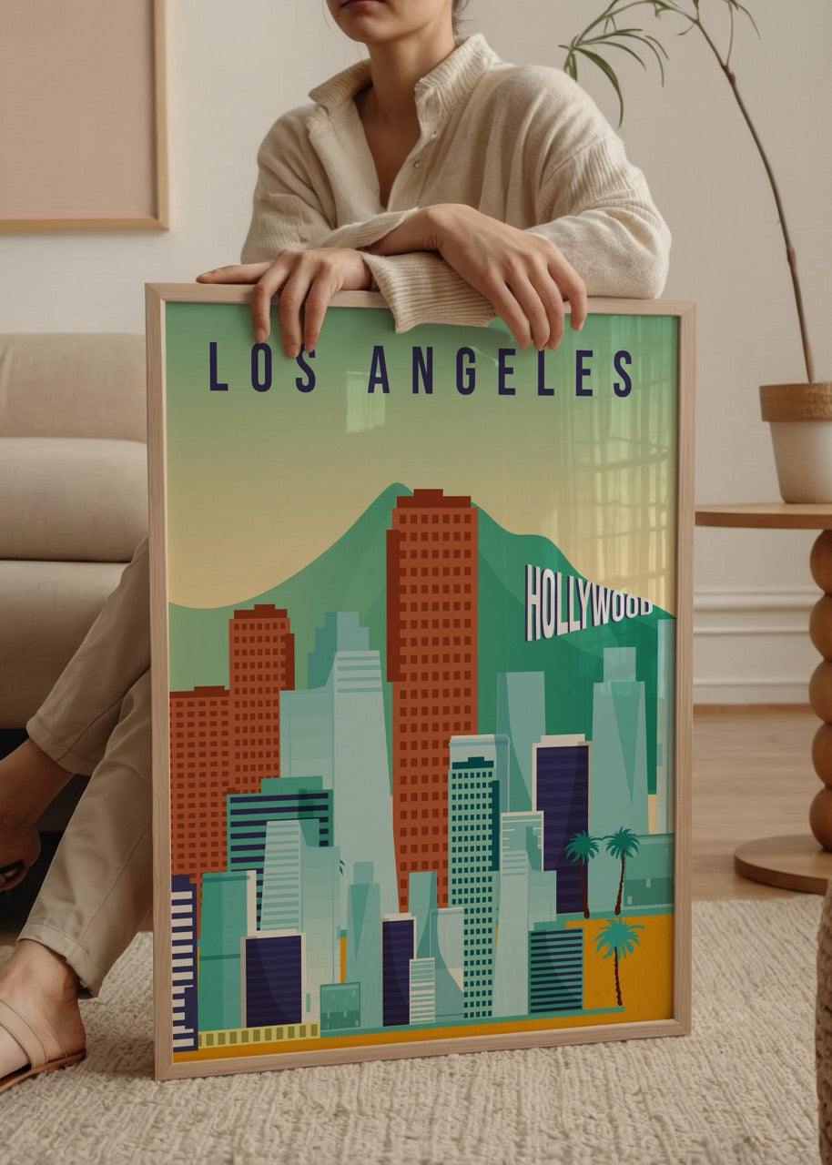 Vibrant Los Angeles skyline print featuring modern buildings and hills.