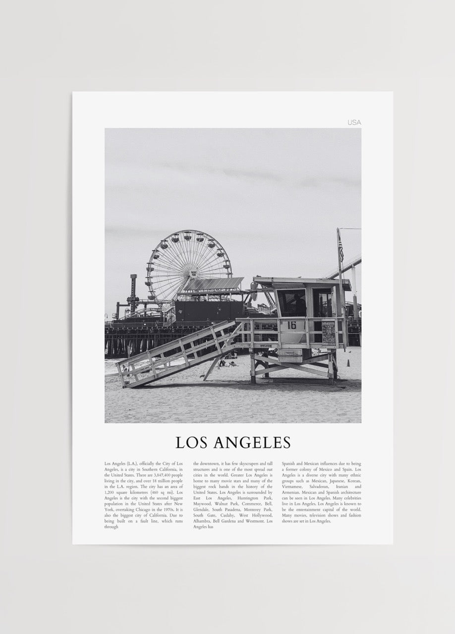 Black and white poster of Los Angeles with a ferris wheel and lifeguard tower.