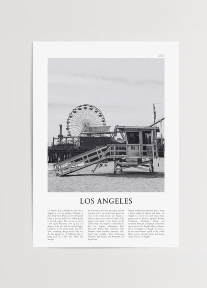 Black and white poster of Los Angeles with a ferris wheel and lifeguard tower.