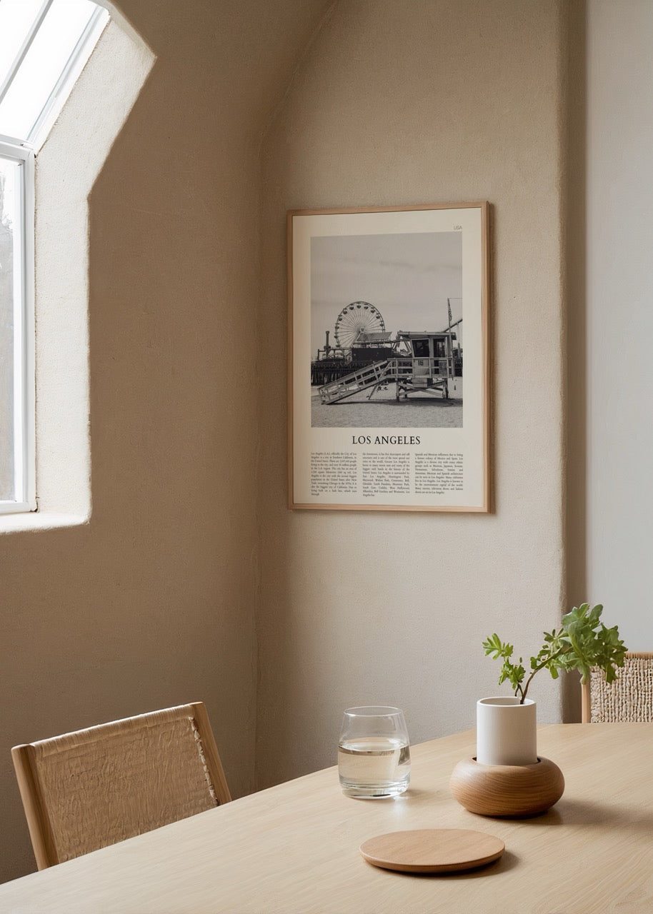Black and white poster of Los Angeles with a ferris wheel and lifeguard tower.