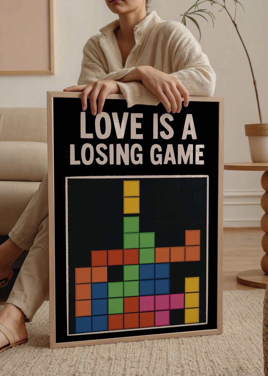 Colourful Tetris-inspired artwork with the phrase &