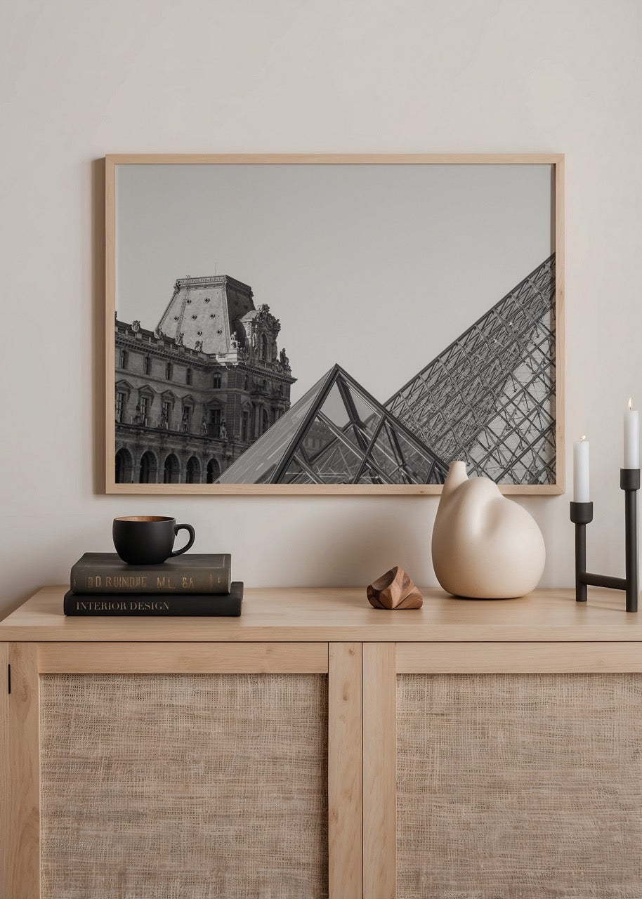 Louvre Paris Photographic Poster Print featuring the iconic glass pyramid and historic architecture.
