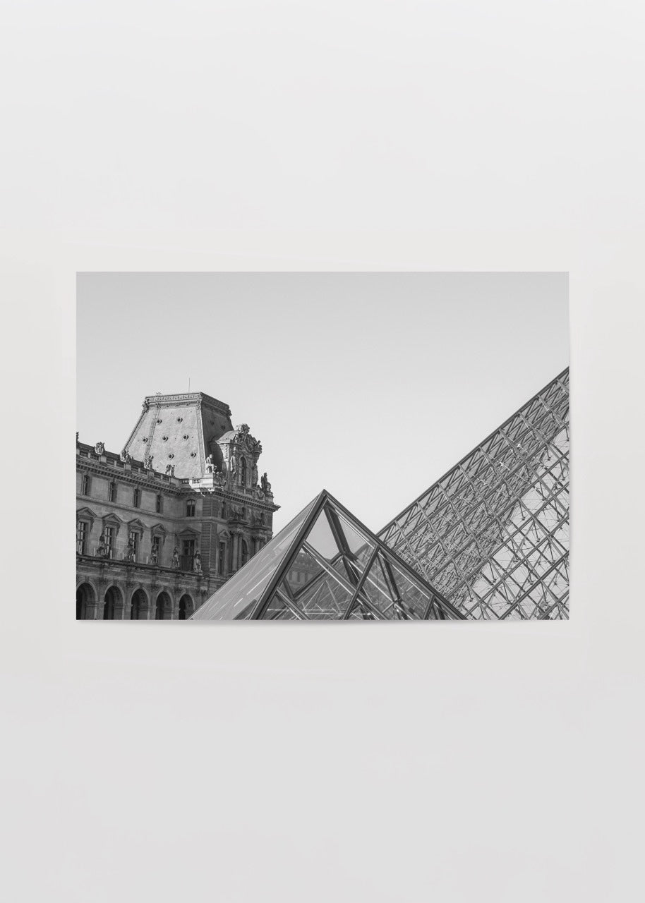 Louvre Paris Photographic Poster Print featuring the iconic glass pyramid and historic architecture.