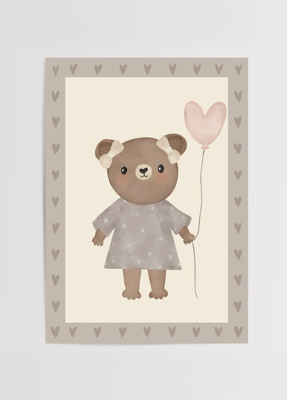 Whimsical illustration of a teddy bear holding a heart balloon.