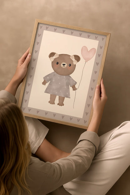 Whimsical illustration of a teddy bear holding a heart balloon.