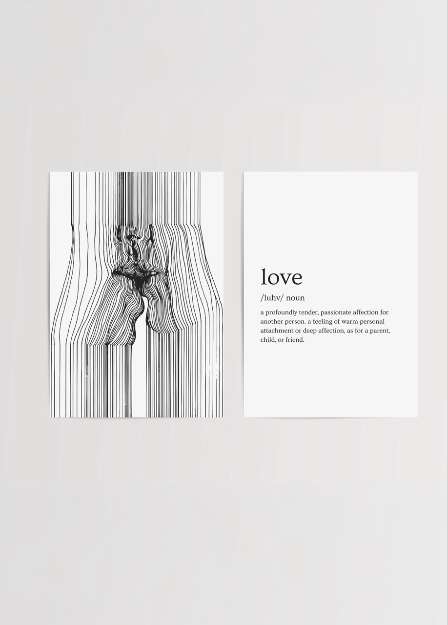 Minimalist black and white line art depicting love and intimacy.