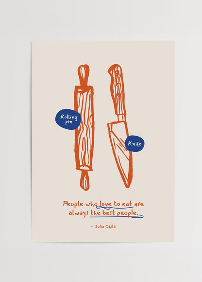 Culinary wall art featuring a rolling pin and knife with a quote about love for food.
