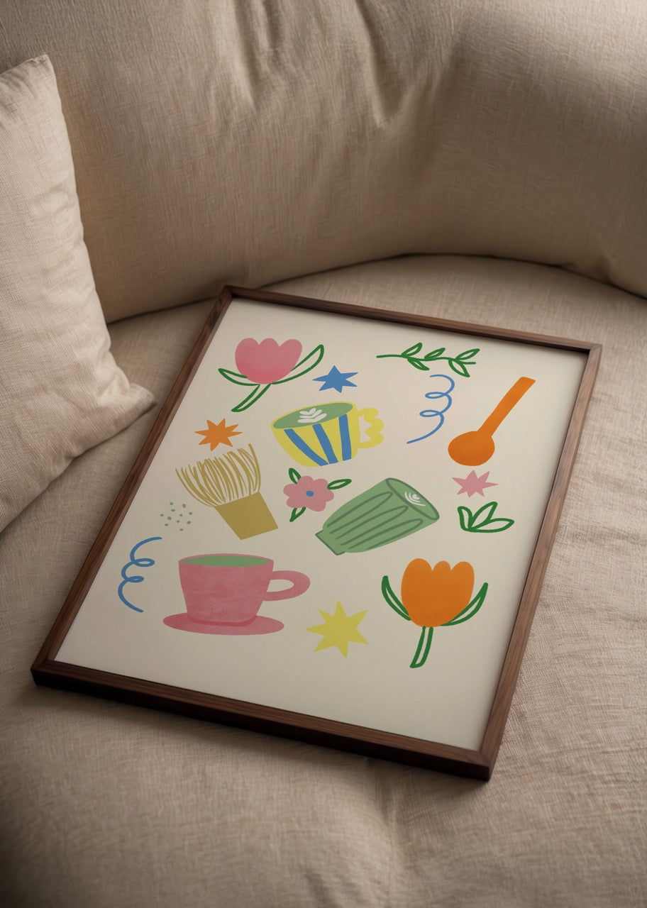 Vibrant ‘Love You So Matcha’ Poster Print featuring playful tea cups and flowers.