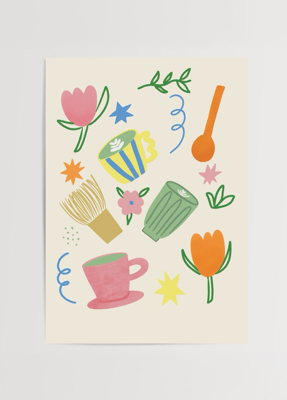 Vibrant ‘Love You So Matcha’ Poster Print featuring playful tea cups and flowers.