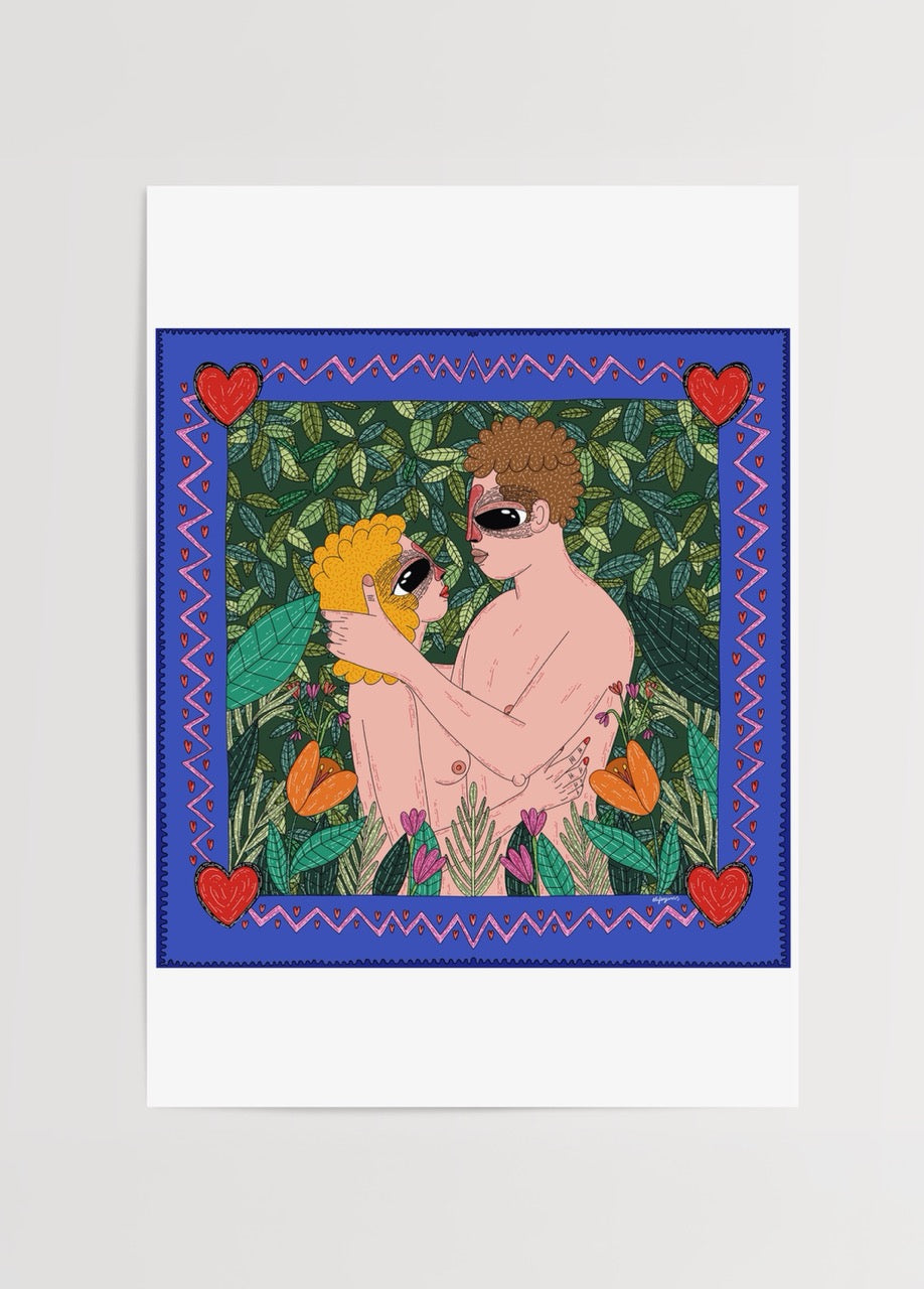 Vibrant illustration of a couple in love surrounded by foliage.