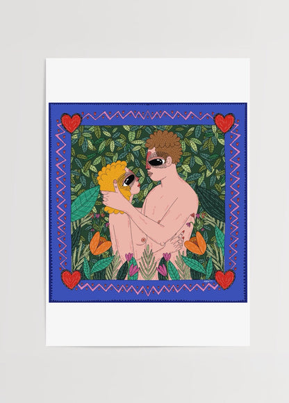 Vibrant illustration of a couple in love surrounded by foliage.