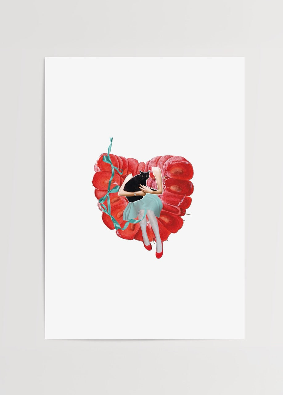 A whimsical poster print featuring a black cat and vibrant elements for unique wall art.