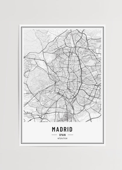 Elegant black and white Madrid city map wall art for modern interiors