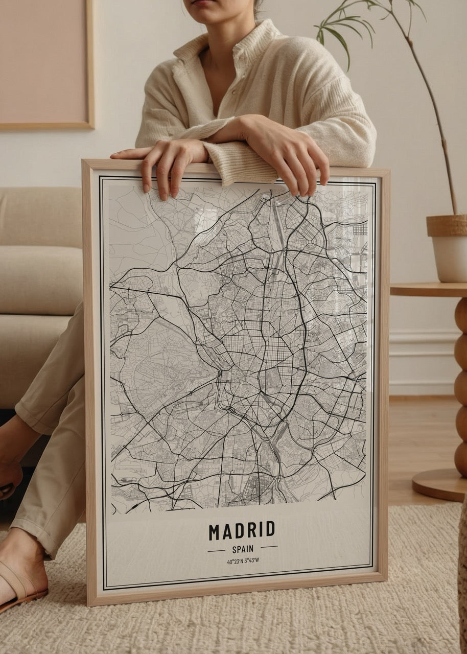 Elegant black and white Madrid city map wall art for modern interiors