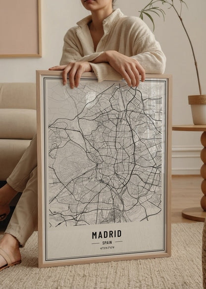 Elegant black and white Madrid city map wall art for modern interiors