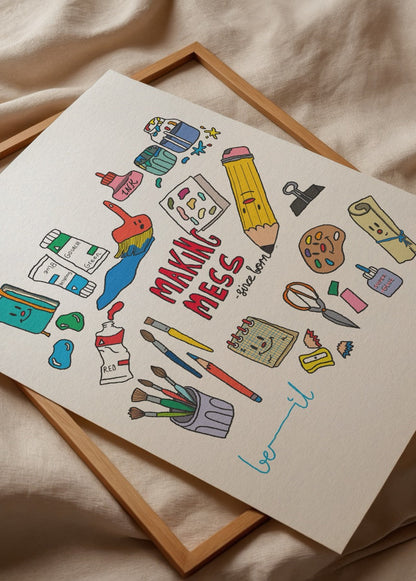 Vibrant poster featuring creative tools and whimsical elements, perfect for inspiring imagination.