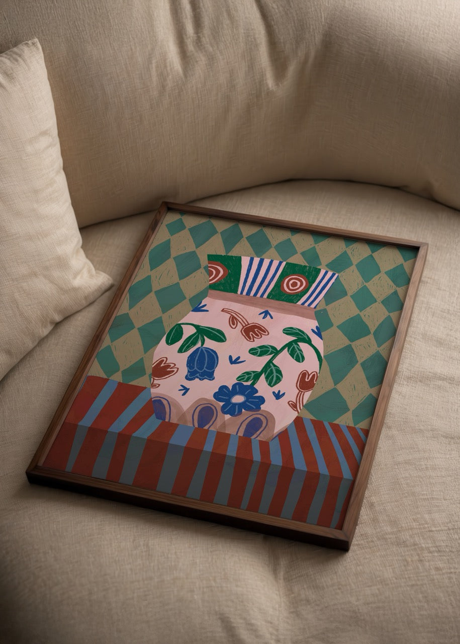 Maximalist Checked Vase Poster Print featuring bold floral motifs and geometric patterns.