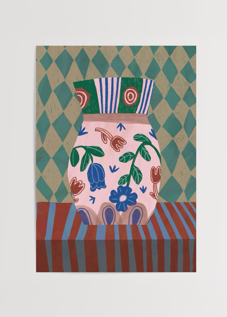 Maximalist Checked Vase Poster Print featuring bold floral motifs and geometric patterns.