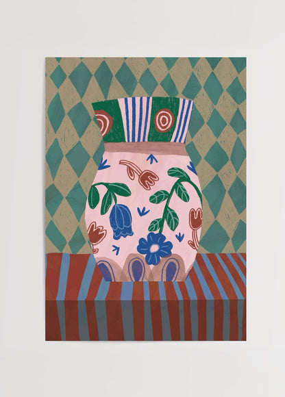 Maximalist Checked Vase Poster Print featuring bold floral motifs and geometric patterns.