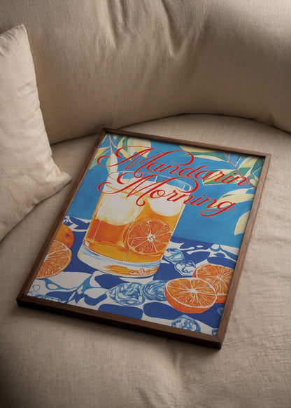 Vibrant artwork featuring a refreshing drink with oranges on a blue background.