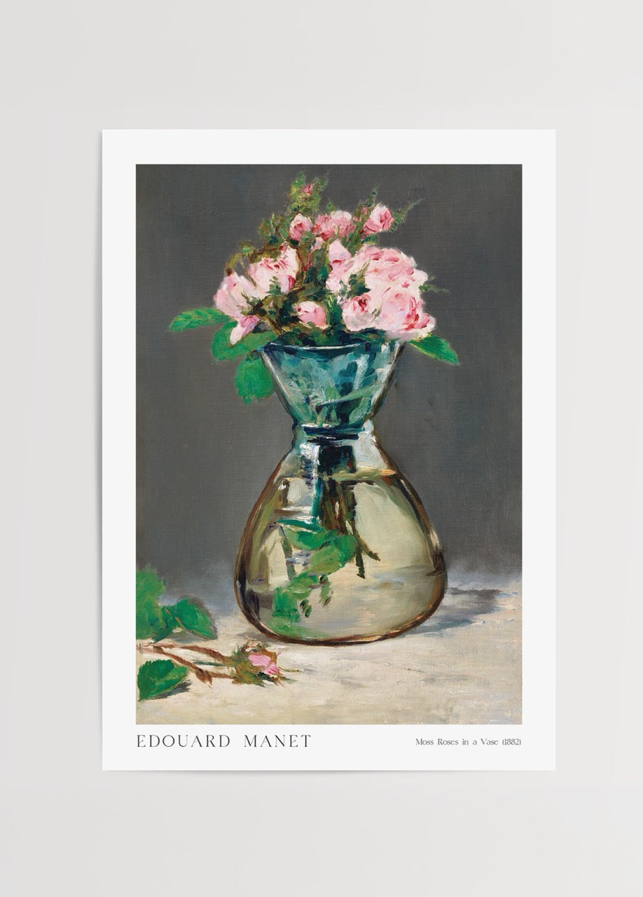 A serene artwork featuring pink roses in a glass vase, perfect for wall decor.
