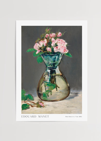 A serene artwork featuring pink roses in a glass vase, perfect for wall decor.