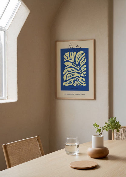 Oceanic Leaf Cut-Out Art Print with blue background and yellow shapes