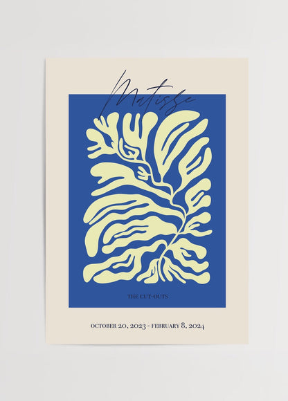 Oceanic Leaf Cut-Out Art Print with blue background and yellow shapes