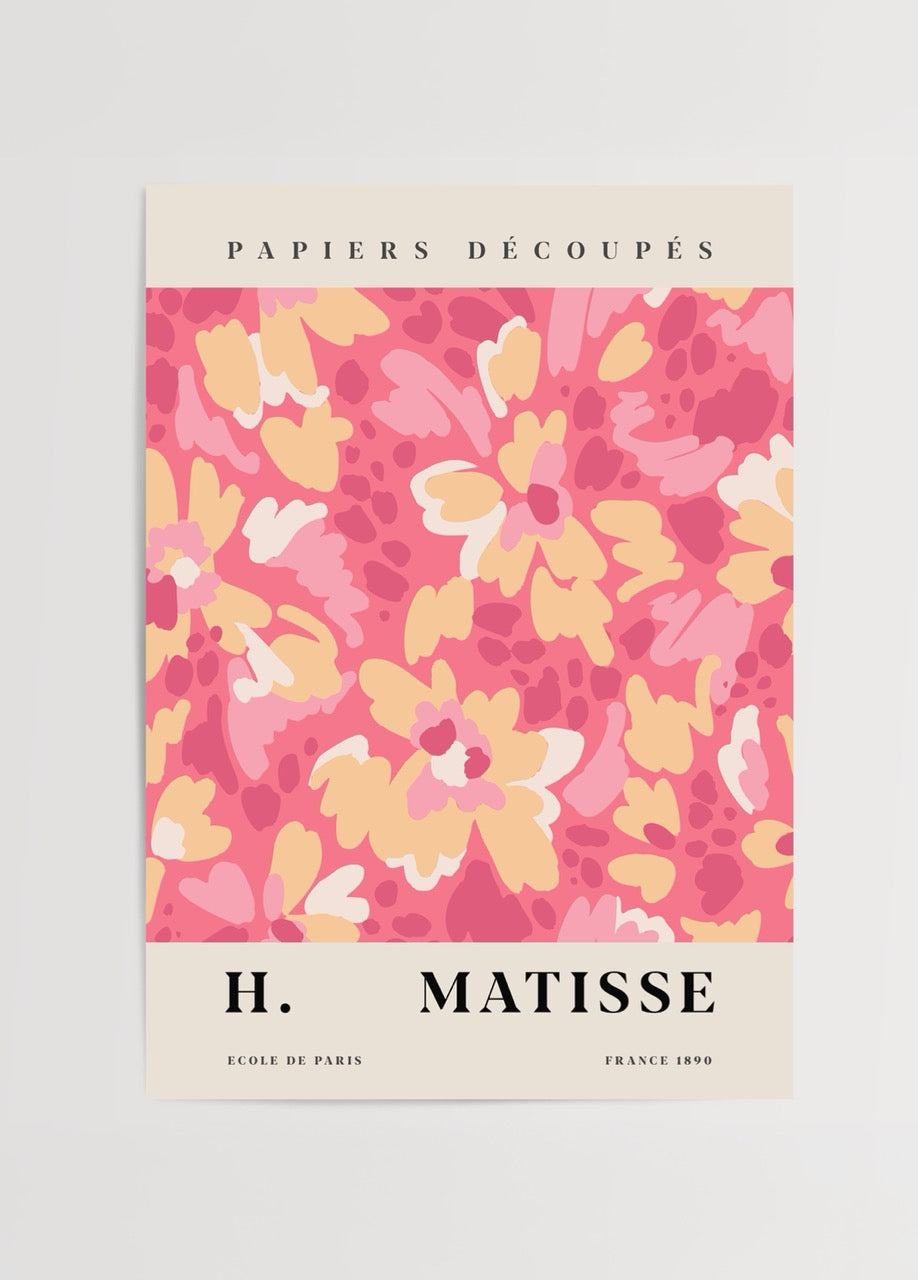 Vibrant floral art print featuring pink and yellow flowers.