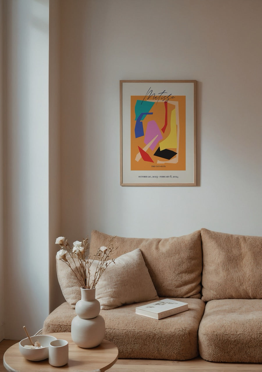 Vibrant abstract cut-outs wall art in bold colours for modern decor.