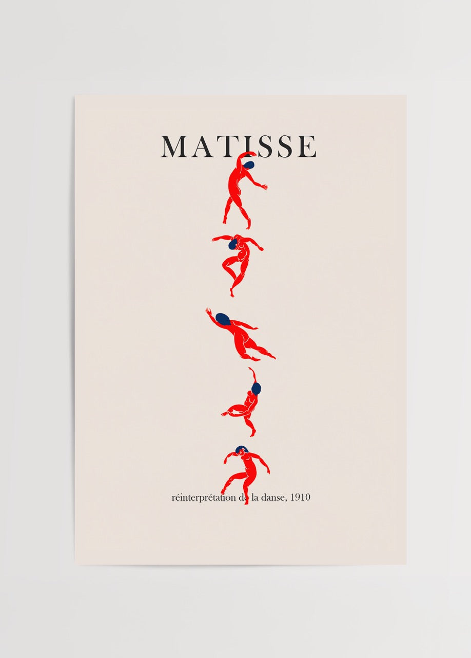 Dynamic abstract poster print featuring flowing figures in red and blue, perfect for modern interior styling.