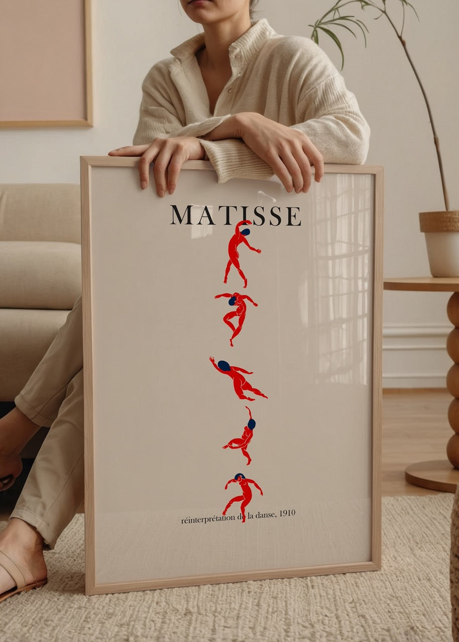 Dynamic abstract poster print featuring flowing figures in red and blue, perfect for modern interior styling.