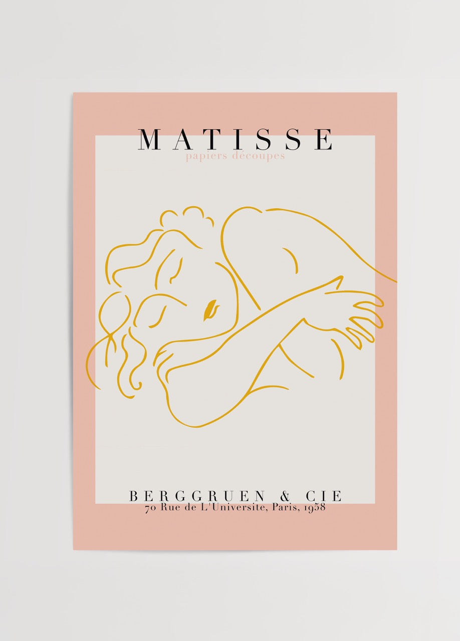 A minimalist art print featuring a serene embrace in yellow on a pink background.