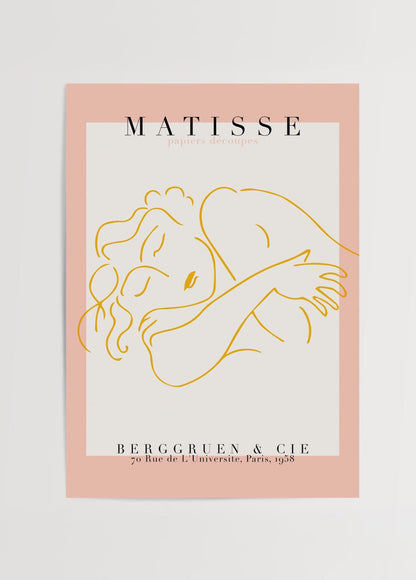 A minimalist art print featuring a serene embrace in yellow on a pink background.