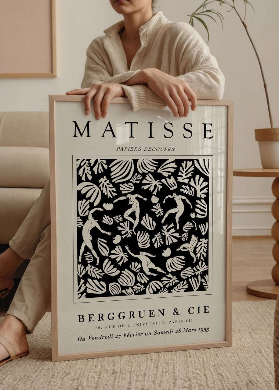 Monochrome poster featuring dynamic botanical designs.