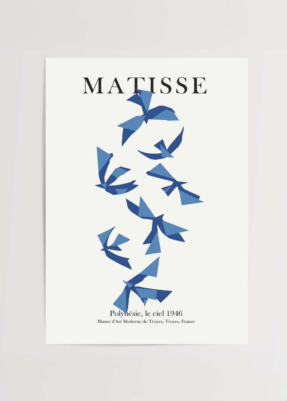 Stylised blue birds poster for tranquil home decor.