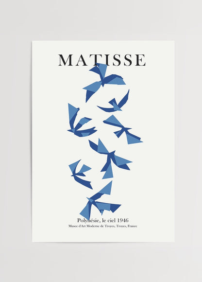 Stylised blue birds poster for tranquil home decor.