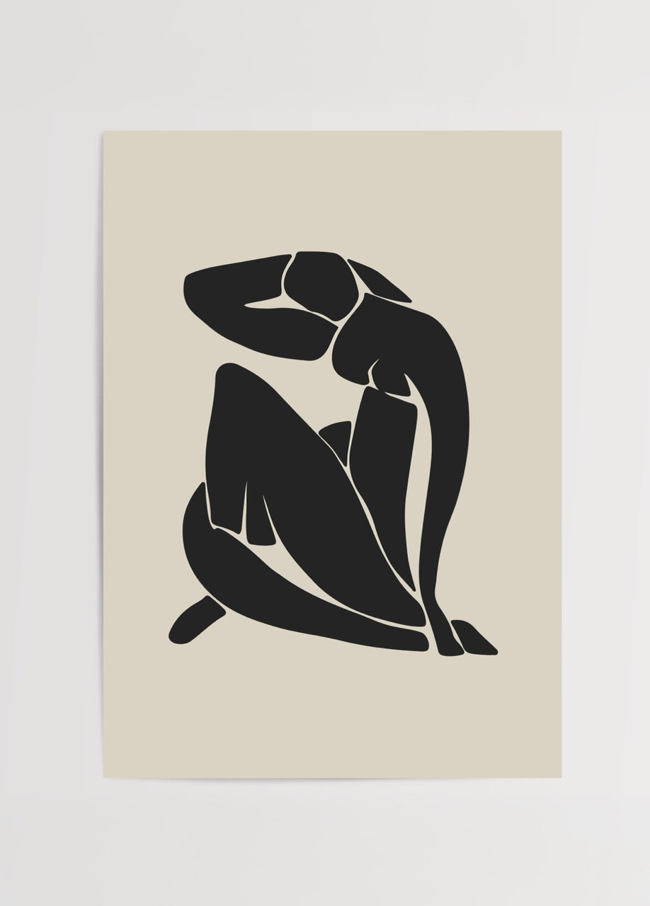 Contemporary silhouette art print in black on beige background, featuring abstract seated figure.