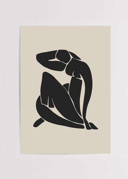 Contemporary silhouette art print in black on beige background, featuring abstract seated figure.